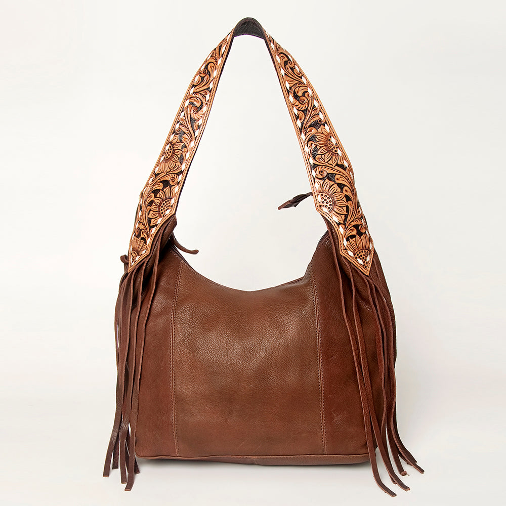 LC-ADBGI112 Western Leather Hobo Bag - Genuine Solid Brown with Tooled Strap & Fringe