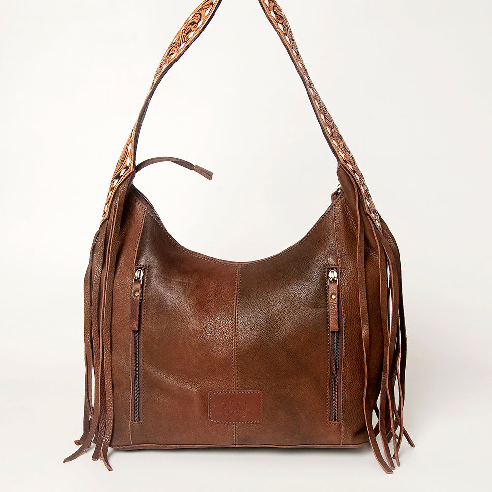 LC-ADBGI112 Western Leather Hobo Bag - Genuine Solid Brown with Tooled Strap & Fringe