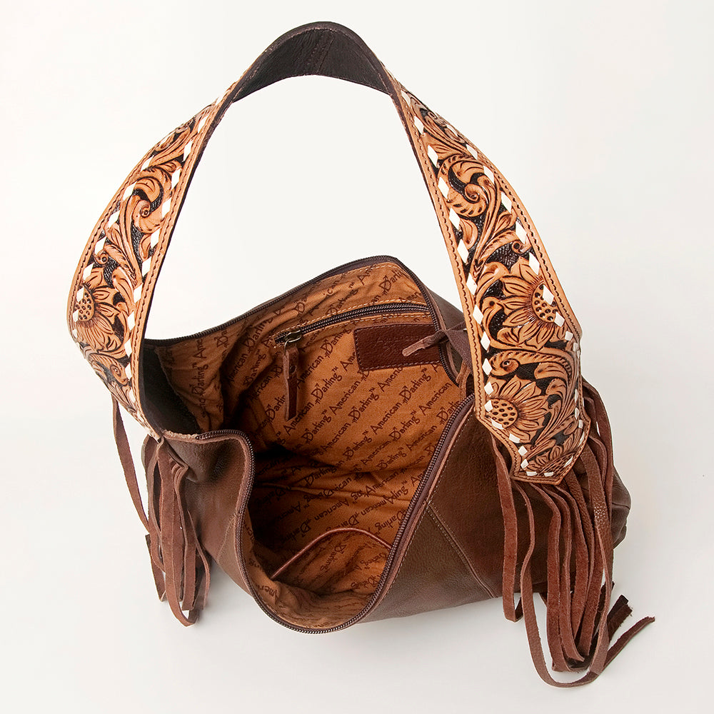LC-ADBGI112 Western Leather Hobo Bag - Genuine Solid Brown with Tooled Strap & Fringe