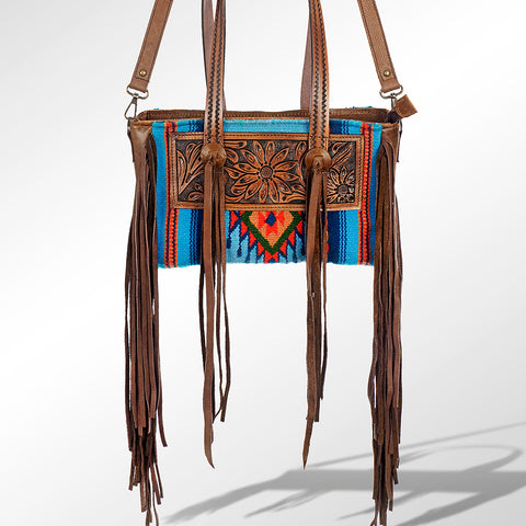 American Darling Hand Tooled Floral Leather & Woven Saddle Blanket Western Tote Bag