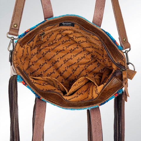 American Darling Hand Tooled Floral Leather & Woven Saddle Blanket Western Tote Bag