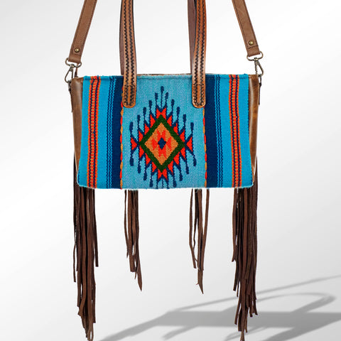 American Darling Hand Tooled Floral Leather & Woven Saddle Blanket Western Tote Bag