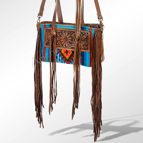 American Darling Hand Tooled Floral Leather & Woven Saddle Blanket Western Tote Bag