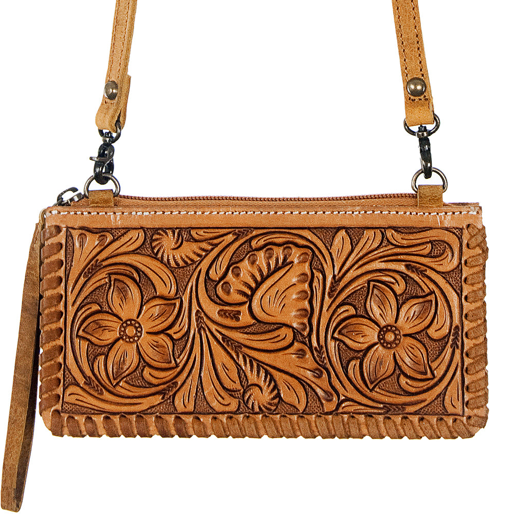 ADBG535 Hand-Tooled Leather Wristlet Wallet Floral Carved Genuine Leather Clutch with Strap