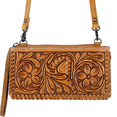 American Darling Hand Tooled Floral Leather Crossbody Bag with Braided Trim
