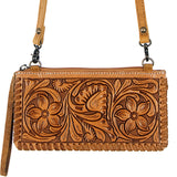 ADBG535 Hand-Tooled Leather Wristlet Wallet Floral Carved Genuine Leather Clutch with Strap