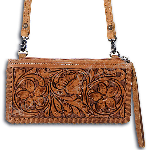 American Darling Hand Tooled Floral Leather Crossbody Bag with Braided Trim