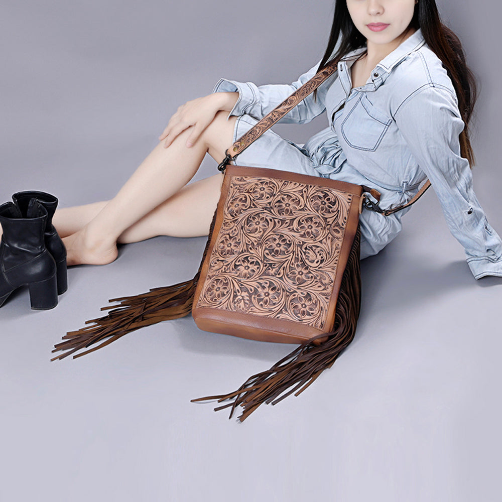ADBG507 Tooled Leather Fringe Crossbody Bag with Adjustable Strap Western Floral Design