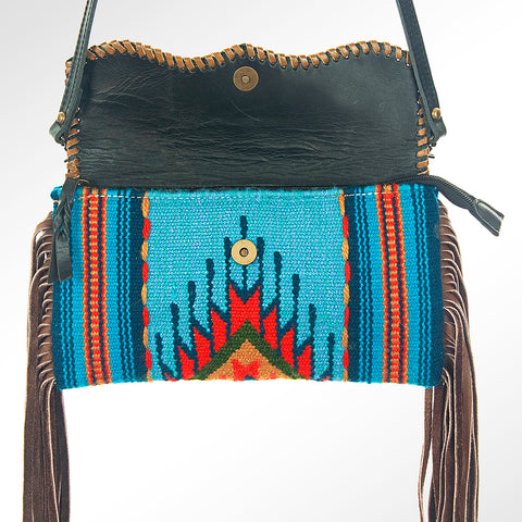American Darling Western Leather Wristlet Bag with Hand Woven Saddle Blanket & Tooled Accents