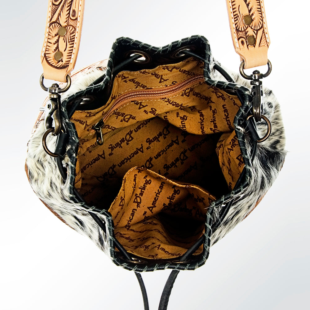 ADBG537BKW Hair-On-Hide & Tooled Leather Drawstring Bucket Bag Western Floral Carved Purse