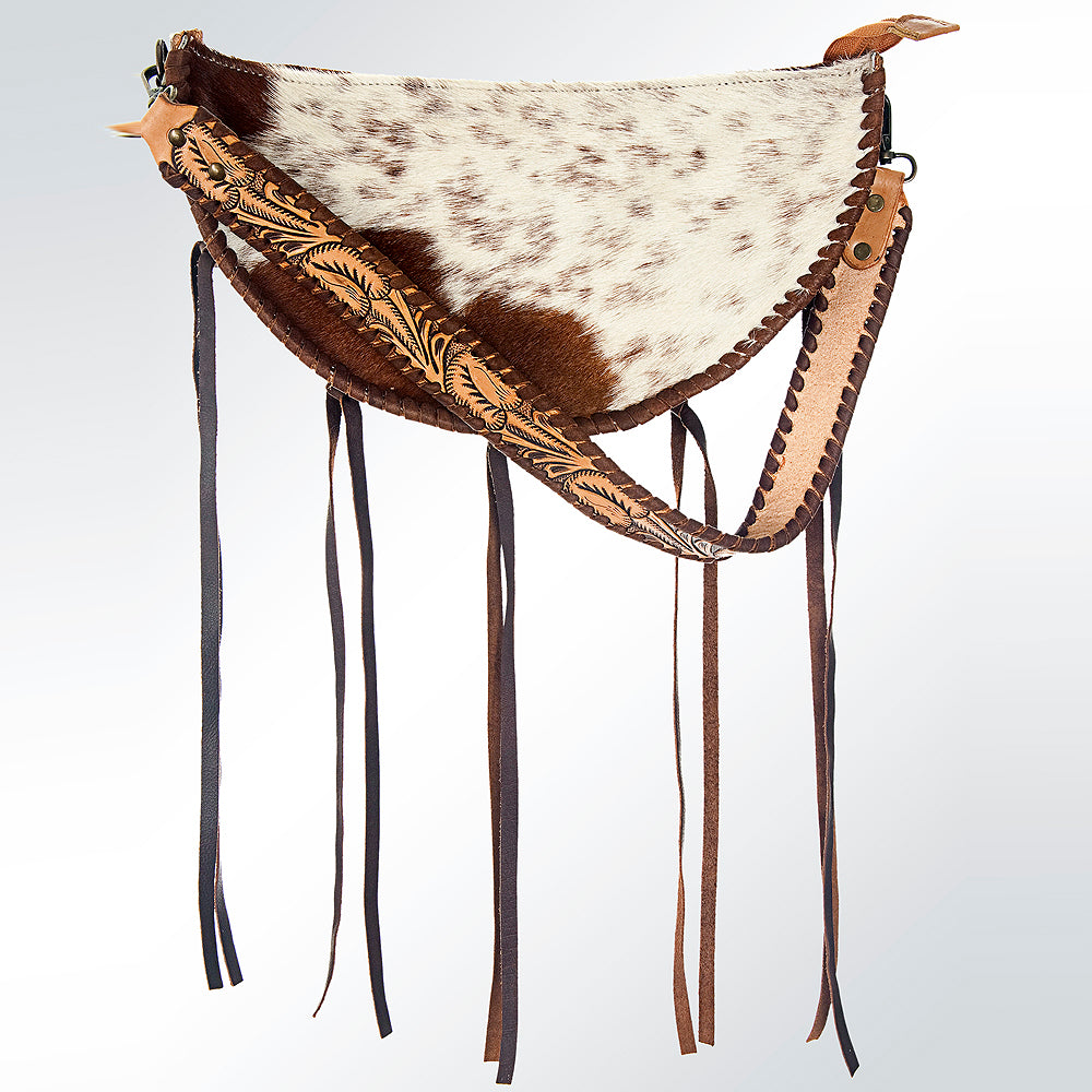 LC-ADBG552 Hair-On-Hide Saddle-Shaped Fringe Hobo Bag Western Tooled Leather Accents