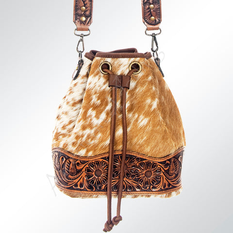 American Darling Hand Tooled Floral Leather & Hair-On Cowhide Western Bucket Bag