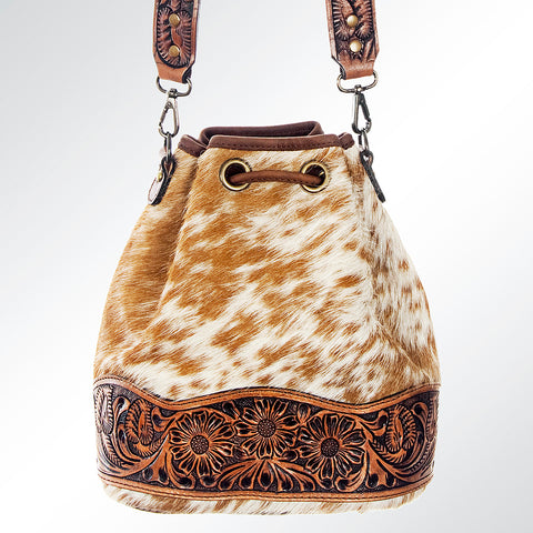 American Darling Hand Tooled Floral Leather & Hair-On Cowhide Western Bucket Bag