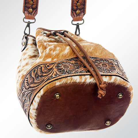 American Darling Hand Tooled Floral Leather & Hair-On Cowhide Western Bucket Bag