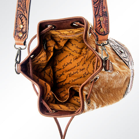 American Darling Hand Tooled Floral Leather & Hair-On Cowhide Western Bucket Bag