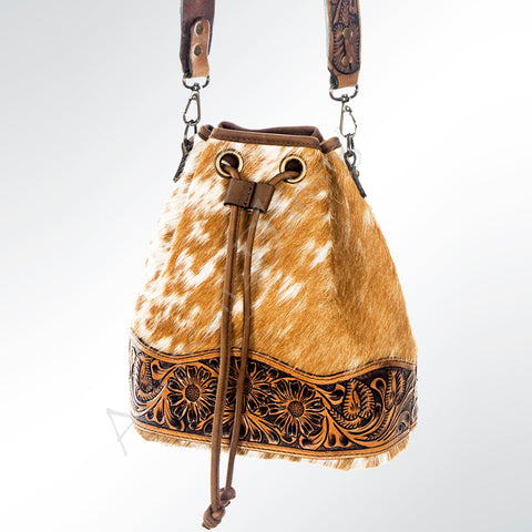 American Darling Hand Tooled Floral Leather & Hair-On Cowhide Western Bucket Bag