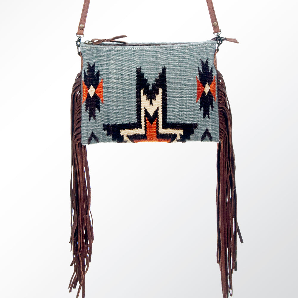 ADBG236 Southwestern Handwoven Crossbody Bag with Leather Fringe and Adjustable Strap