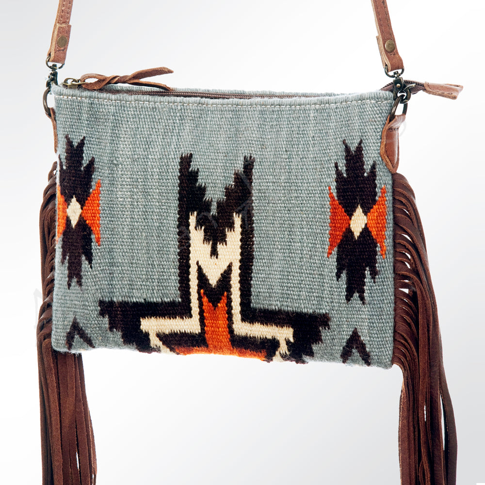 ADBG236 Southwestern Handwoven Crossbody Bag with Leather Fringe and Adjustable Strap