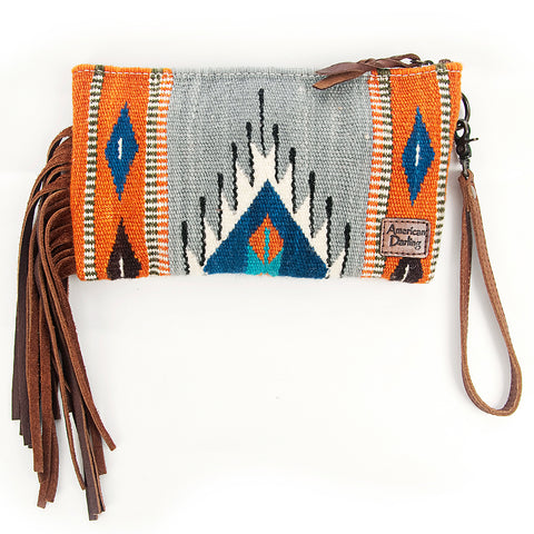 American Darling Hand Tooled Western Leather Wristlet Bag with Fringes and Woven Saddle Blanket