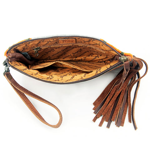 American Darling Hand Tooled Western Leather Wristlet Bag with Fringes and Woven Saddle Blanket