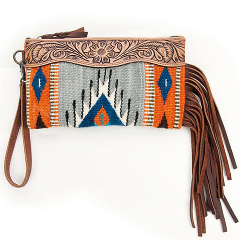 American Darling Hand Tooled Western Leather Wristlet Bag with Fringes and Woven Saddle Blanket