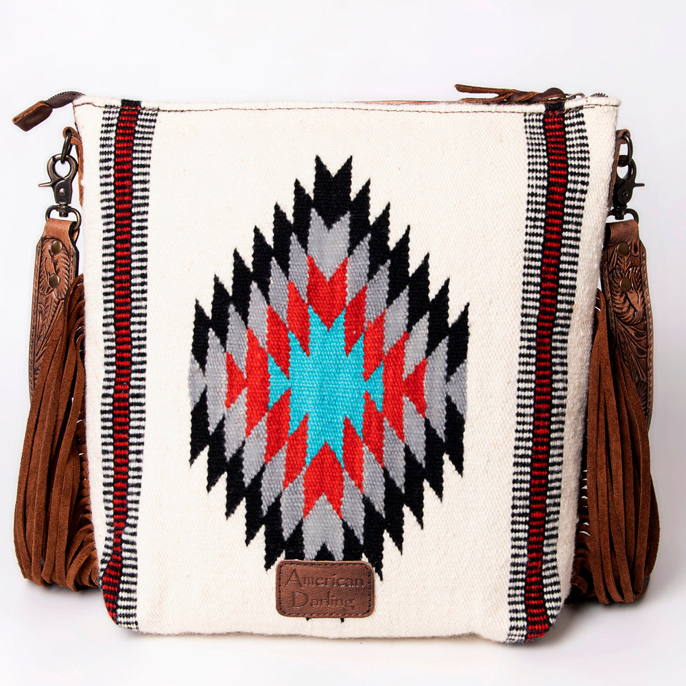 ADBG510 Tooled Leather & Saddle Blanket Crossbody Bag - Western Fringe Purse by American Darling