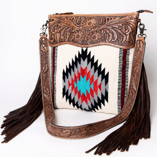 LC-ADBG510 Tooled Leather & Saddle Blanket Crossbody Bag - Western Fringe Purse by American Darling