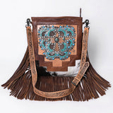 ADBG1633 Leather Thunderbird Messenger Bag with Turquoise Accents, Fringe & Tooled Strap