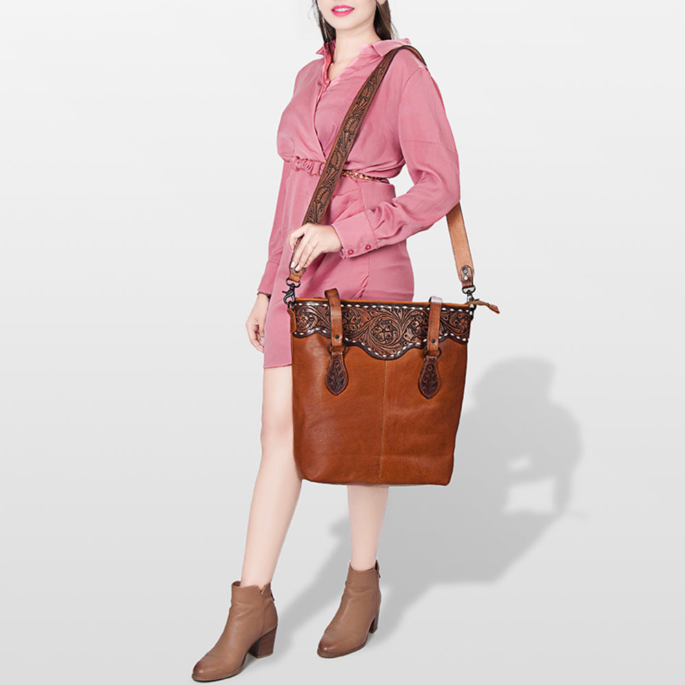 LC-ADBGZ259 Hand-Tooled Full Leather Western Tote Bag with Floral Strap - Chestnut Brown