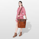 LC-ADBGZ259 Hand-Tooled Full Leather Western Tote Bag with Floral Strap - Chestnut Brown