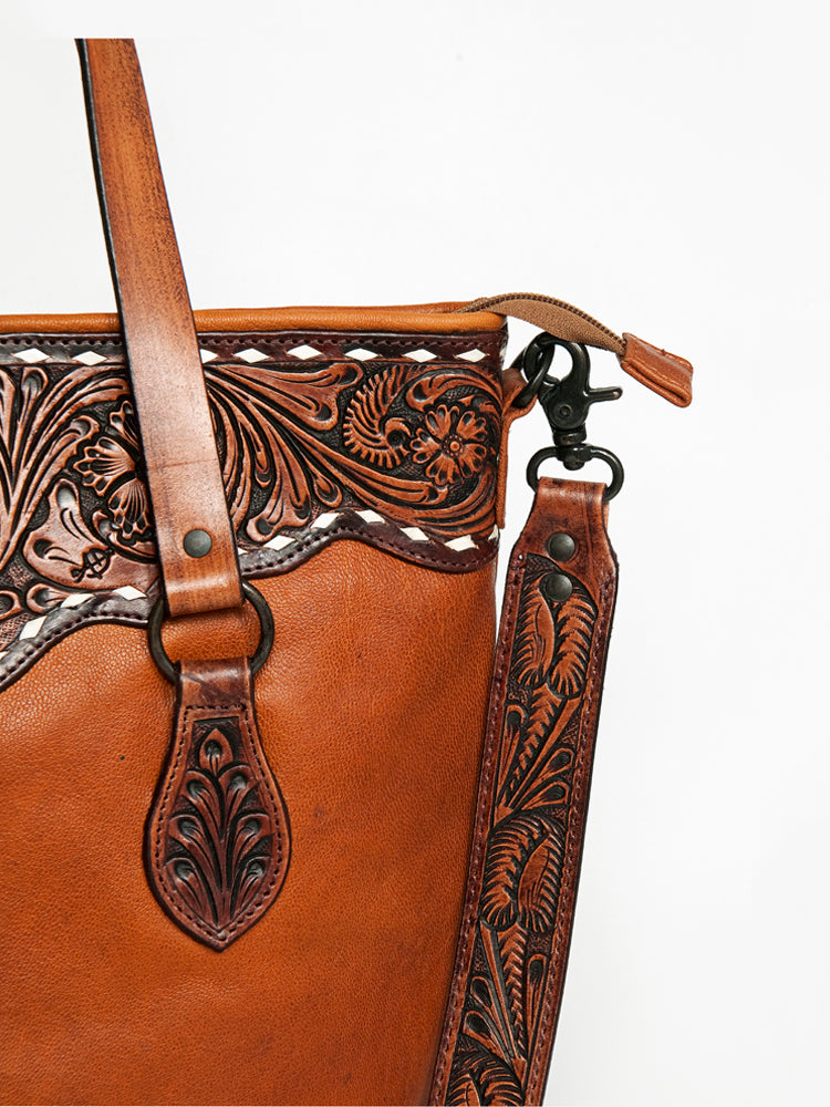 LC-ADBGZ259 Hand-Tooled Full Leather Western Tote Bag with Floral Strap - Chestnut Brown