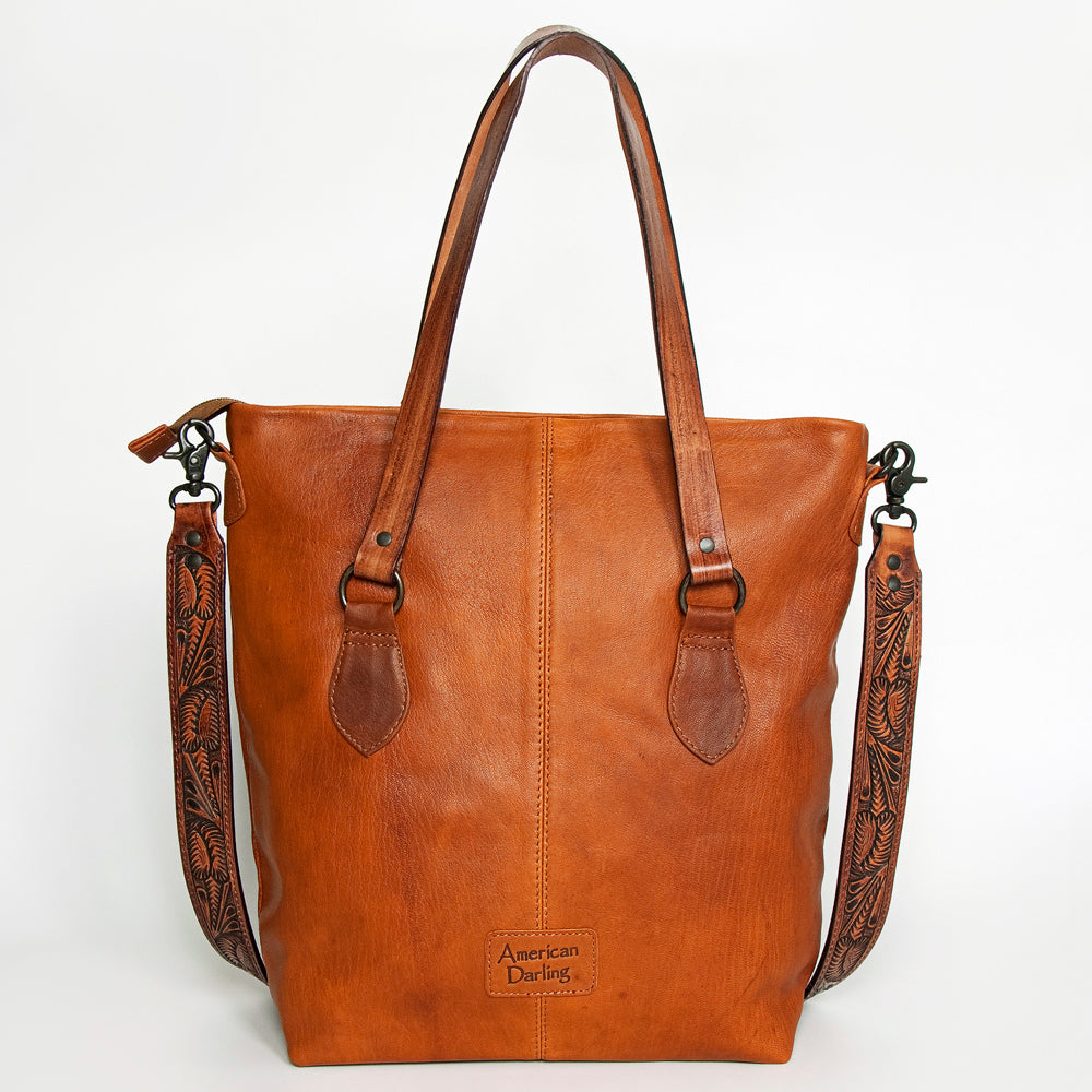 LC-ADBGZ259 Hand-Tooled Full Leather Western Tote Bag with Floral Strap - Chestnut Brown