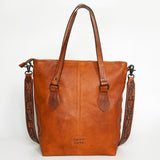 LC-ADBGZ259 Hand-Tooled Full Leather Western Tote Bag with Floral Strap - Chestnut Brown