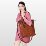 LC-ADBGZ259 Hand-Tooled Full Leather Western Tote Bag with Floral Strap - Chestnut Brown
