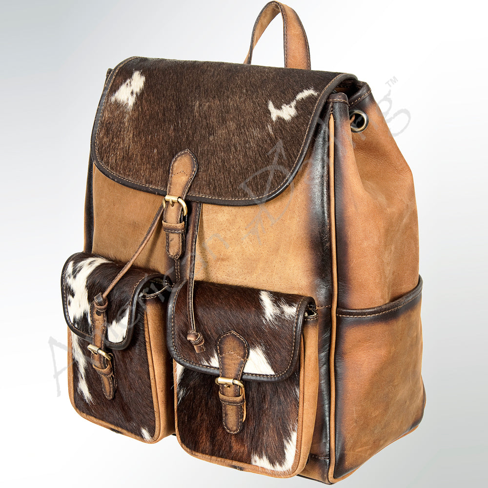 LC-ADBGI122B Hair-On Hide & Leather Western Backpack - Dual Pocket Drawstring Travel Bag