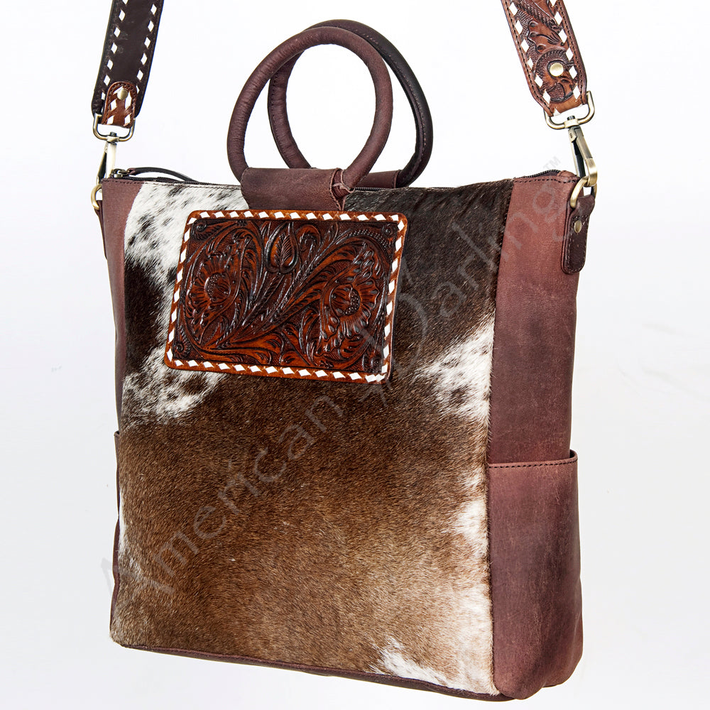 LC-ADBGI143A Hair-On Hide Square Tote with Tooled Leather Patch - Western Cowgirl Bag