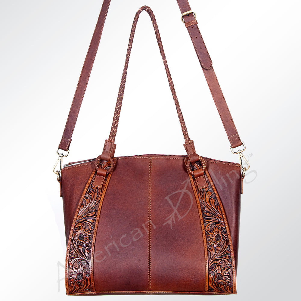LC-ADBGI146A Tooled Leather Western Tote - Genuine Brown Cowhide Shoulder Bag