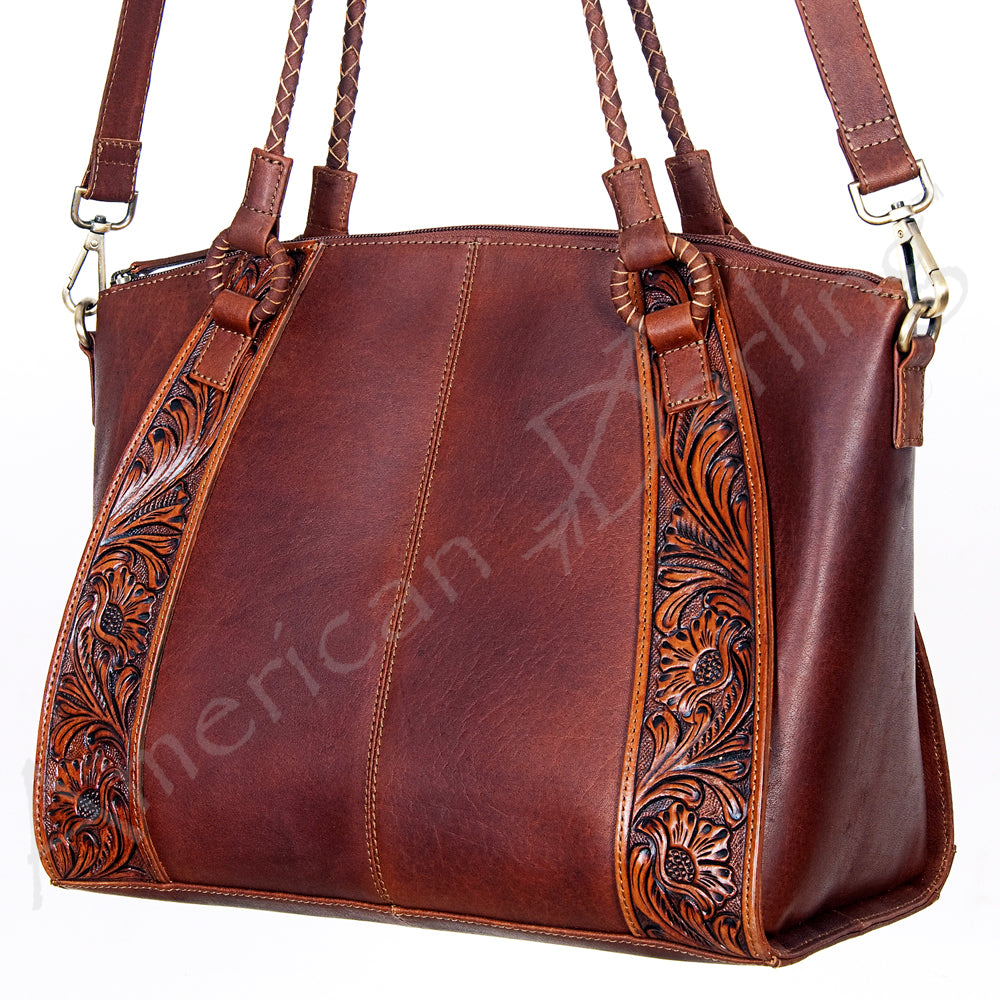LC-ADBGI146A Tooled Leather Western Tote - Genuine Brown Cowhide Shoulder Bag