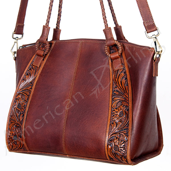 LC-ADBGI146A Tooled Leather Western Tote - Genuine Brown Cowhide Shoulder Bag