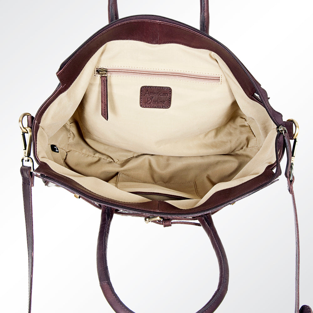 LC-ADBGI151A Tooled Leather & Spotted Cowhide Western Satchel - Burgundy Shoulder Bag