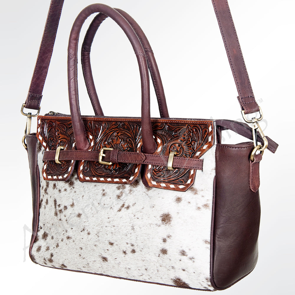 LC-ADBGI151A Tooled Leather & Spotted Cowhide Western Satchel - Burgundy Shoulder Bag