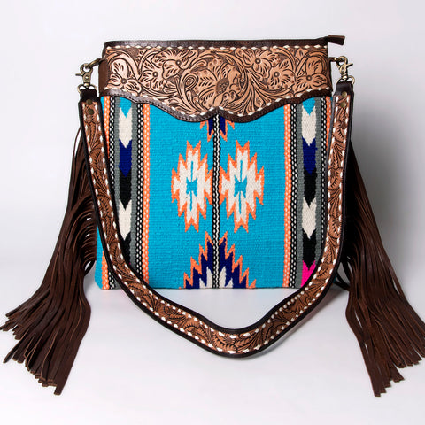 Turquoise Southwestern Wool Crossbody with Tooled Leather & Fringe Western Artisan Shoulder Bag