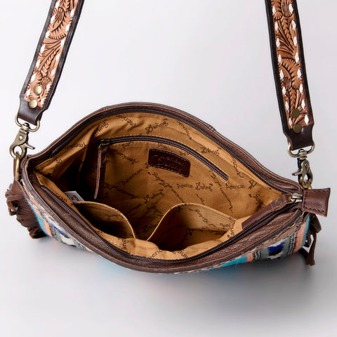 Turquoise Southwestern Wool Crossbody with Tooled Leather & Fringe Western Artisan Shoulder Bag