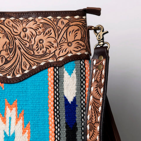 Turquoise Southwestern Wool Crossbody with Tooled Leather & Fringe Western Artisan Shoulder Bag