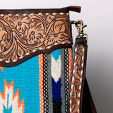LC-ADBGA120 Turquoise Southwestern Wool Crossbody with Tooled Leather Yoke & Fringe Western Artisan Shoulder Bag