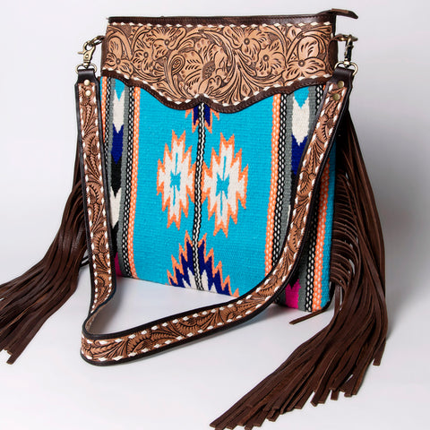 Turquoise Southwestern Wool Crossbody with Tooled Leather & Fringe Western Artisan Shoulder Bag