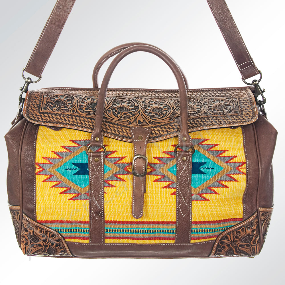 ADBG516 Tooled Leather & Saddle Blanket Duffel Bag Mae Western Travel Weekender by American Darling