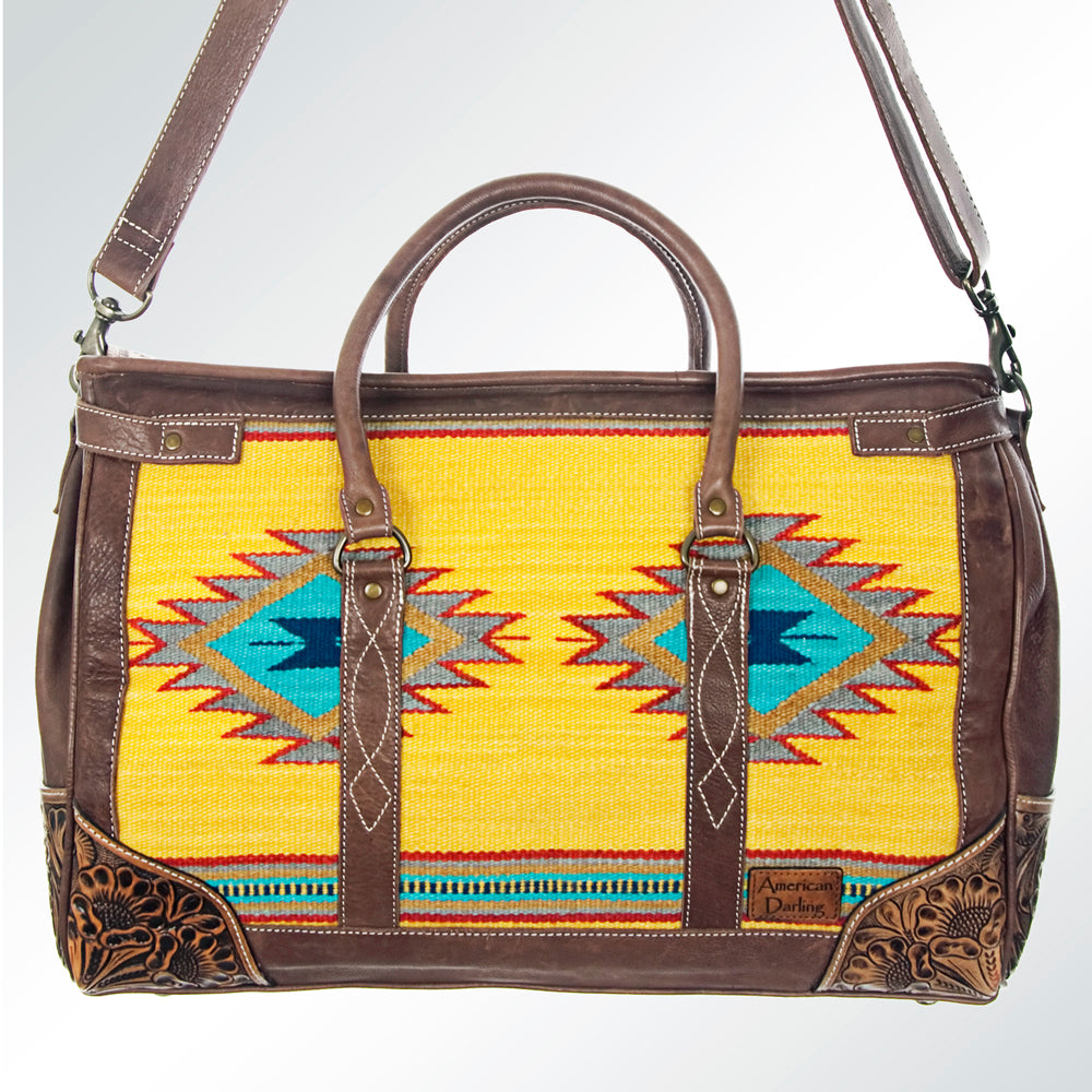ADBG516 Tooled Leather & Saddle Blanket Duffel Bag Mae Western Travel Weekender by American Darling