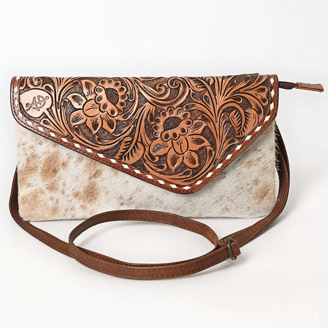 American Darling Hand Tooled Floral Carved & Hair-On Cowhide Western Leather Envelope Bag