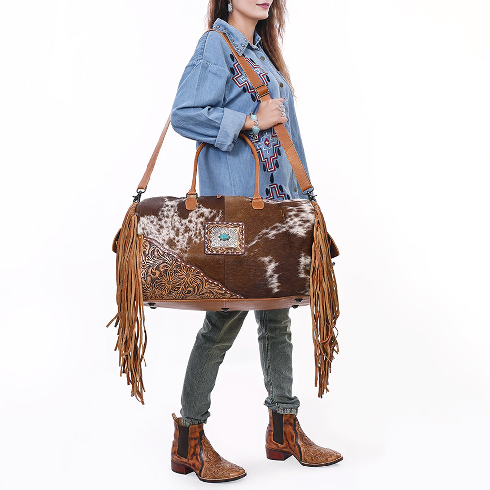 ADBG608 Hair-On-Hide Cowhide Duffle Bag with Tooled Leather & Fringe Western Weekender with Turquoise Concho